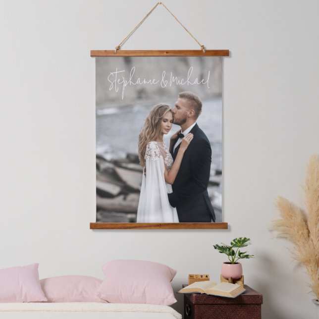 Modern Script Custom Wedding Photo Keepsake Hangin Hanging Tapestry (Bedroom)