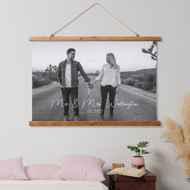 Modern Script Custom Wedding Photo Keepsake Hanging Tapestry (Bedroom)