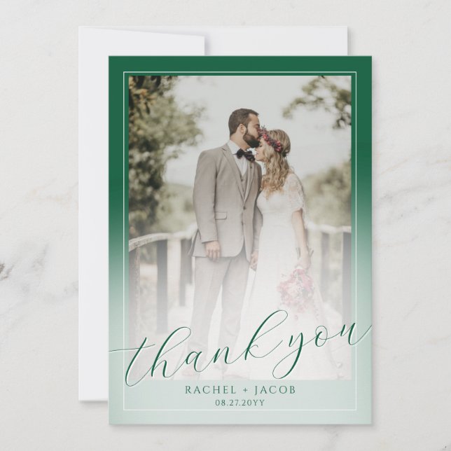 Modern Script Dark Green 2-Photo Wedding Thank You Card (Front)