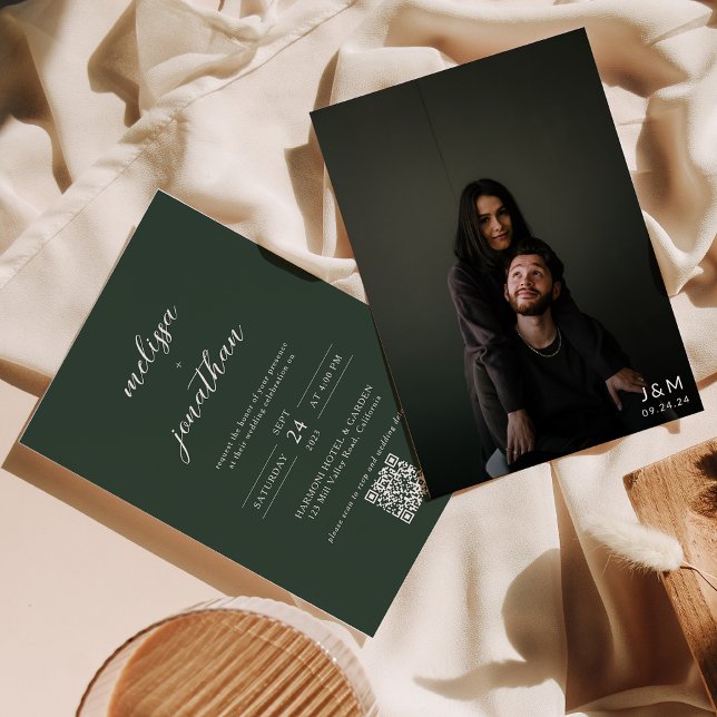 Modern Script Dark Green Monogram QR code Wedding Invitation (Creator Uploaded)