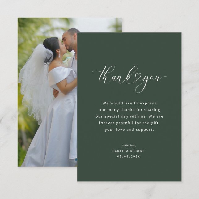 modern script dark green wedding thank you card (Front/Back)