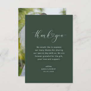 modern script dark green wedding thank you card