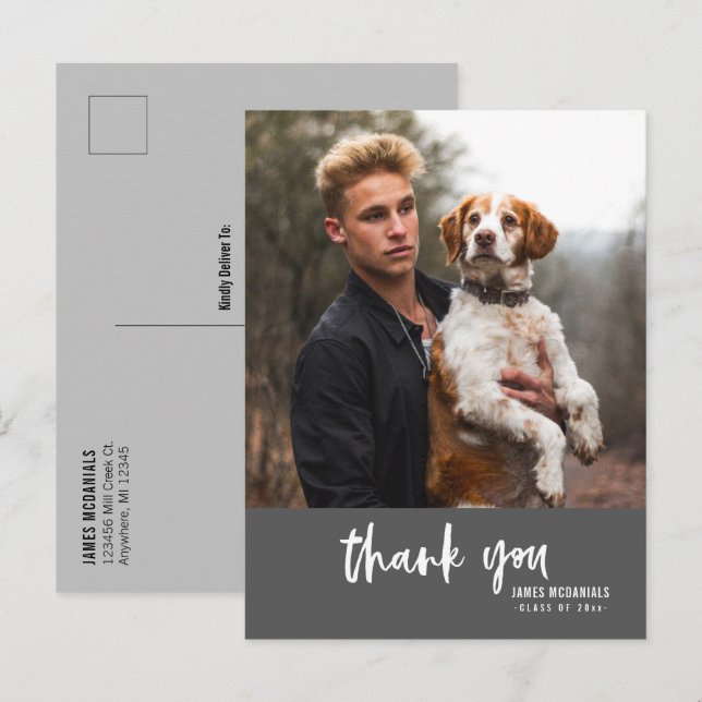 Modern Script Dark Grey Photo Graduation Thank You Invitation Postcard (Front/Back)