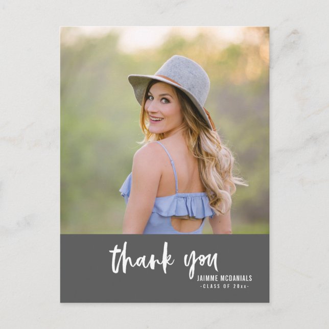 Modern Script Dark Grey Photo Graduation Thank You Invitation Postcard (Front)