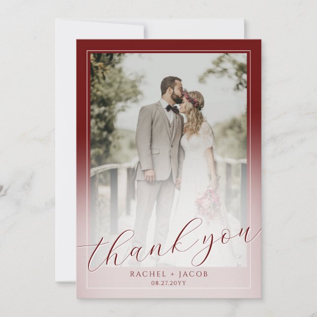 Modern Script Dark Red 2-Photo Wedding Thank You (Front)