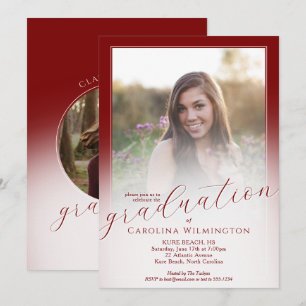 Modern Script Dark Red Ombre Photo Graduation Invitation