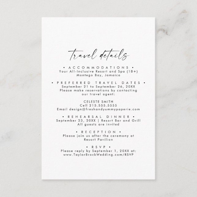 Modern Script Destination Wedding Travel Details Enclosure Card (Front)