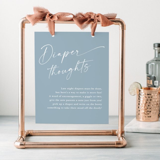 Modern Script Diaper Thoughts Blue Baby Shower Poster (Modern script busty blue diaper thoughts boy baby shower sign.)