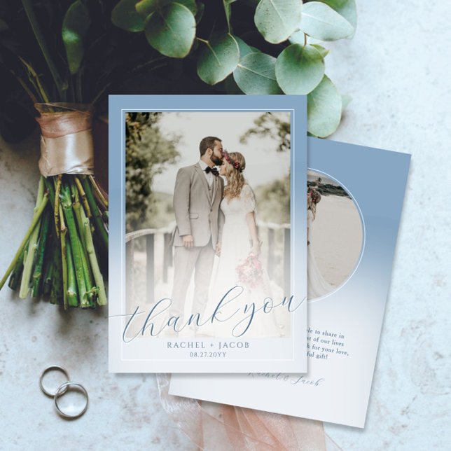 Modern Script Dusty Blue 2-Photo Wedding Thank You Card (Creator Uploaded)