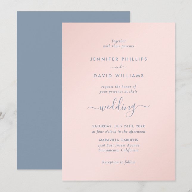 Modern Script Dusty Blue and Blush Wedding Invitation (Front/Back)
