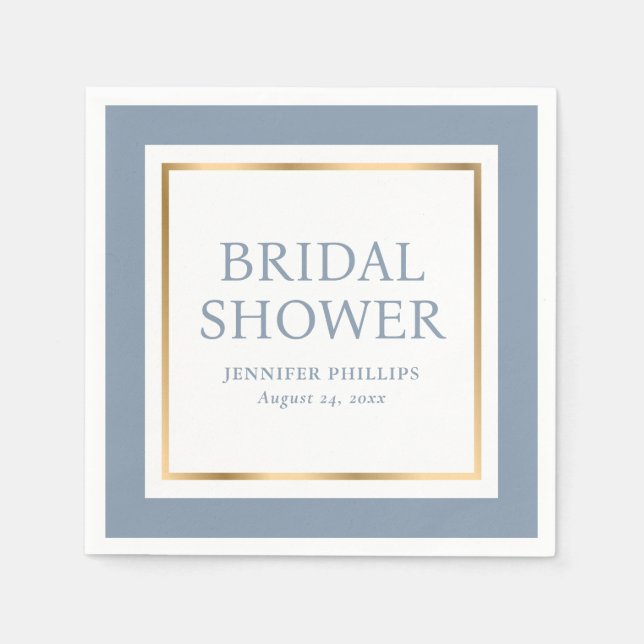 Modern Script Dusty Blue and Gold Bridal Shower Napkin (Front)