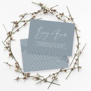 Modern script dusty blue baby shower bring a book  card