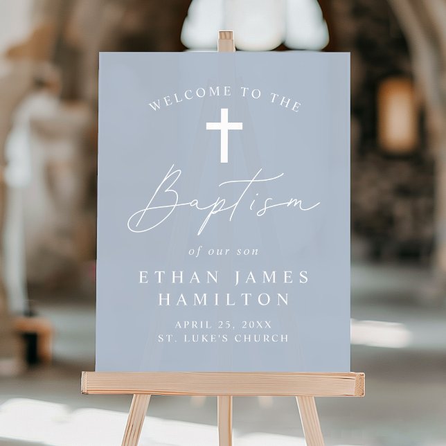 Modern Script Dusty Blue Baptism Welcome Acrylic Sign (Creator Uploaded)