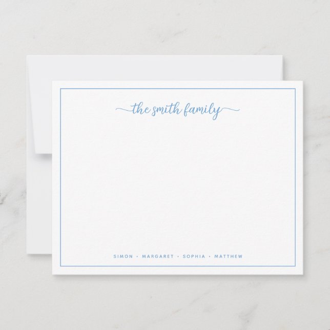 Modern Script Dusty Blue Border Family Stationery Card (Front)