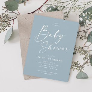 Modern Script Dusty Blue Boy Baby Shower Invitation