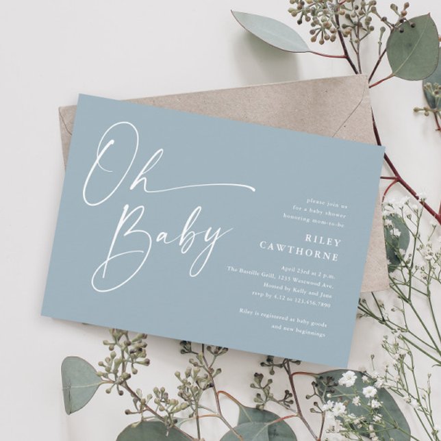 Modern Script Dusty Blue Boy Oh Baby Shower Invitation (Creator Uploaded)