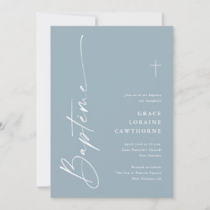 Modern Script Dusty Blue Boys French Bapteme Invitation