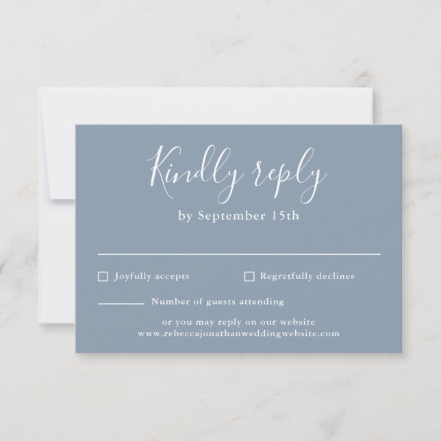 Modern Script Dusty Blue Budget Wedding RSVP Card (Front)