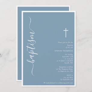Modern Script Dusty Blue Christening Baptism Invitation