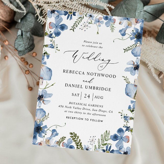 Modern Script Dusty Blue Flowers Wedding Invitation (Creator Uploaded)