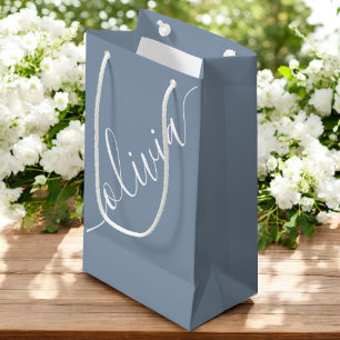 Modern Script Dusty Blue Minimalist Elegant Small Gift Bag