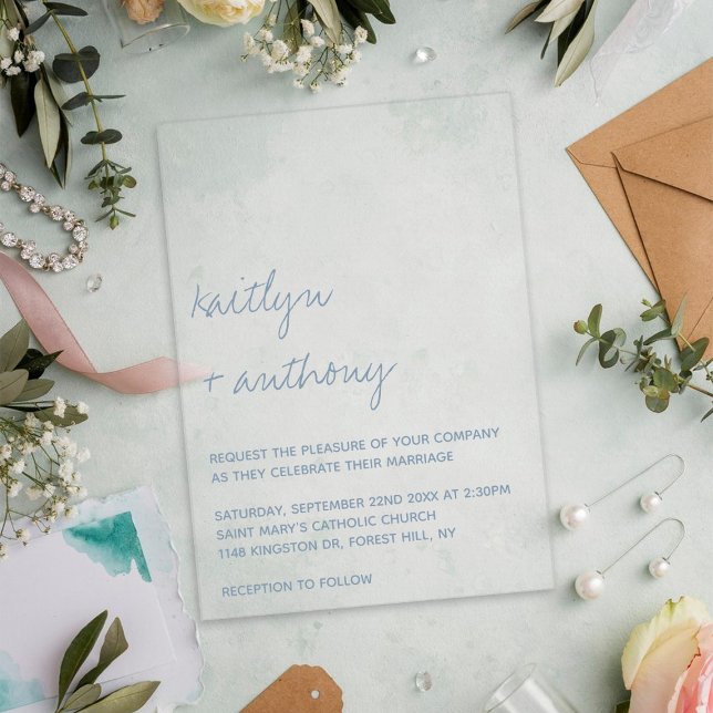 Modern Script Dusty Blue Minimalistic Wedding Acrylic Invitations (Creator Uploaded)