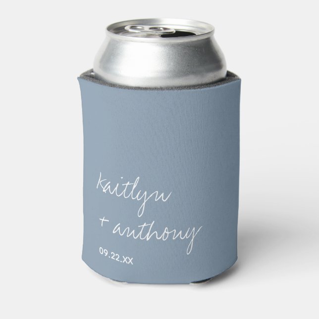 Modern Script Dusty Blue Minimalistic Wedding Can Cooler (Can Back)