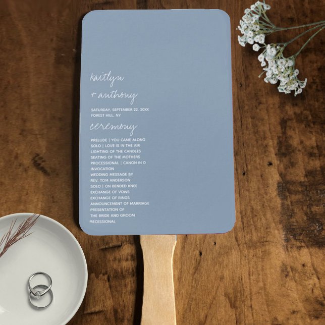 Modern Script Dusty Blue Minimalistic Wedding Hand Fan (Creator Uploaded)