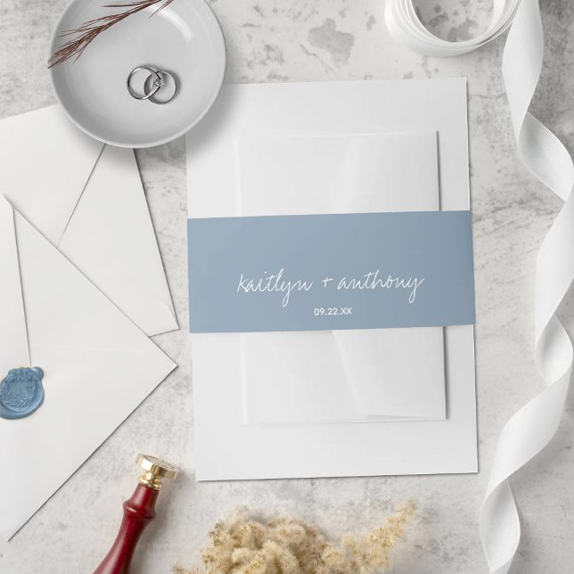Modern Script Dusty Blue Minimalistic Wedding Invitation Belly Band (Creator Uploaded)