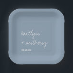 Modern Script Dusty Blue Minimalistic Wedding Paper Plate<br><div class="desc">Celebrate in style with these modern and very trendy wedding paper plates. This design is easy to personalise with your own wording and your guests will be thrilled when they see these fabulous party paper plates. Matching items can be found in the collection.</div>