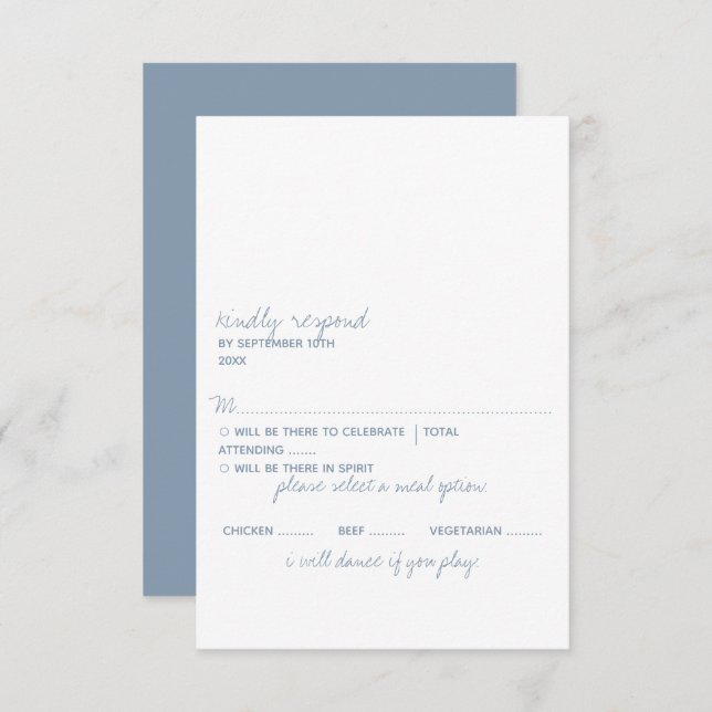 Modern Script Dusty Blue Minimalistic Wedding RSVP Card (Front/Back)