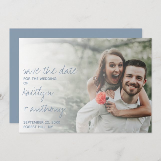 Modern Script Dusty Blue Minimalistic Wedding Save The Date (Front/Back)