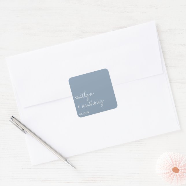 Modern Script Dusty Blue Minimalistic Wedding Square Sticker (Envelope)