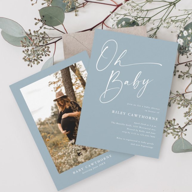 Modern Script Dusty Blue Photo  Baby Shower Invitation (Creator Uploaded)