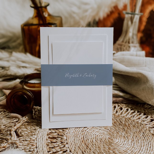 Modern Script Dusty Blue Wedding Invitation Belly Band (Creator Uploaded)