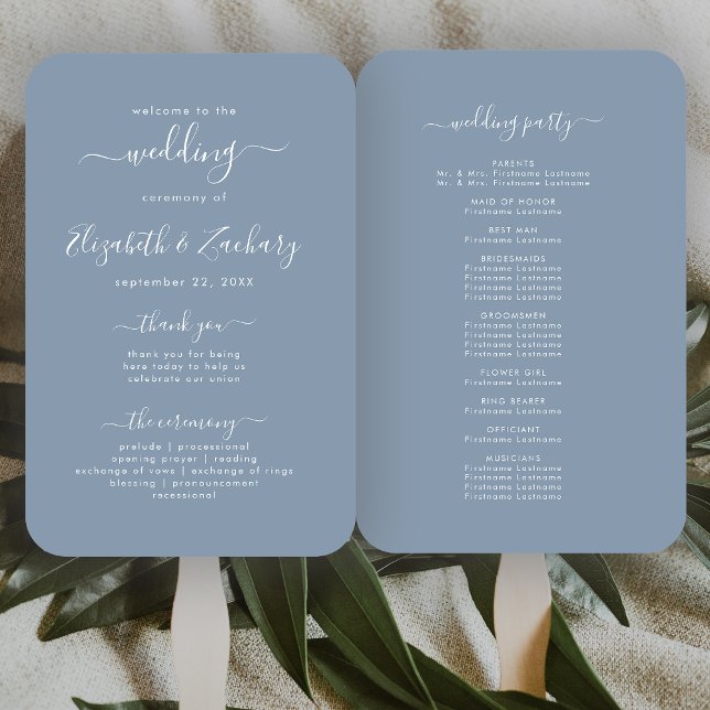 Modern Script Dusty Blue Wedding Program Hand Fan (Creator Uploaded)