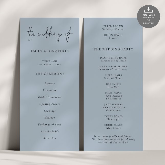 Modern Script Dusty Blue Wedding Program Invitation (Front and back view)