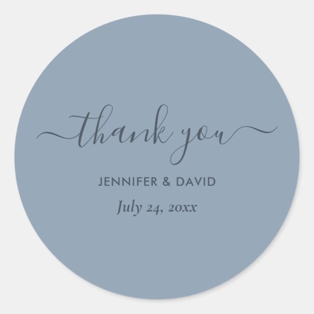 Modern Script Dusty Blue Wedding Thank You Classic Classic Round Sticker (Front)