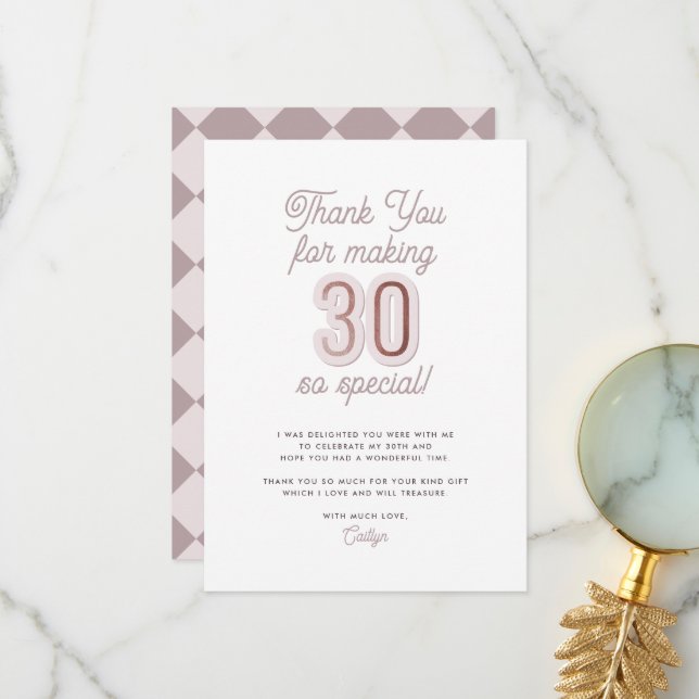 Modern Script Dusty Lilac Rose Gold 30th Birthday Thank You Card (Front/Back In Situ)