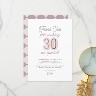 Modern Script Dusty Lilac Rose Gold 30th Birthday Thank You Card