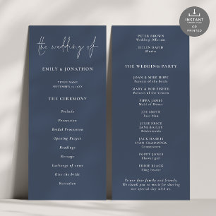Modern Script Dusty Navy Blue Wedding Program Invitation