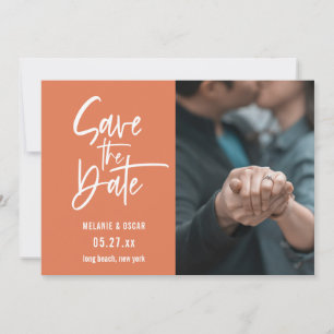 Modern Script Dusty Orange Photo Save The Date Announcement