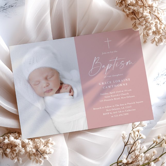 Modern Script Dusty Pink Girls Photo Baptism Invitation (Modern script elegant dusty pink photo girls baptism invitation.)