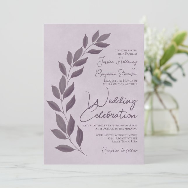 Modern Script Dusty Purple Heather Leaves Wedding Invitation (Standing Front)