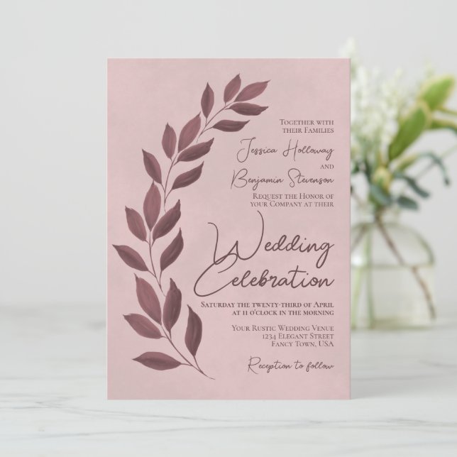 Modern Script Dusty Rose & Mauve Leaves Wedding Invitation (Standing Front)