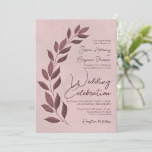 Modern Script Dusty Rose & Mauve Leaves Wedding Invitation