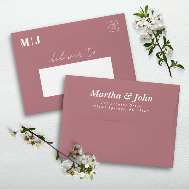 Modern Script Dusty Rose Wedding Return Address Envelope (Creator Uploaded)