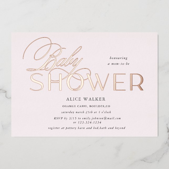 modern script elegant baby shower foil invitation (Front)