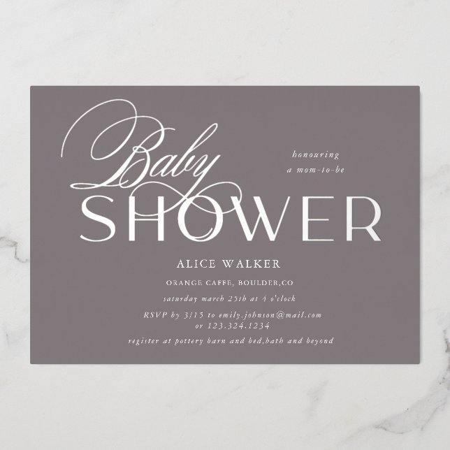 modern script elegant baby shower foil invitation (Front)