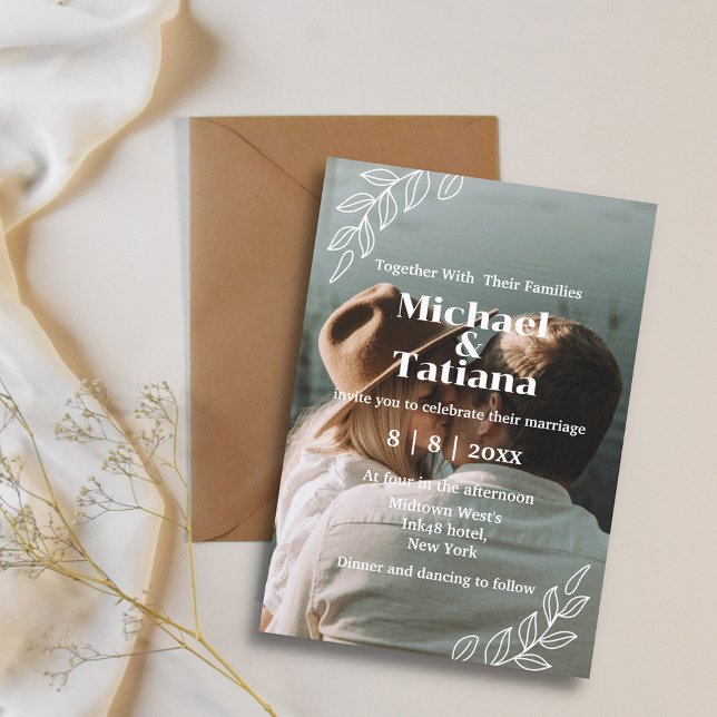 modern script elegant botanical boho photo wedding invitation (Creator Uploaded)